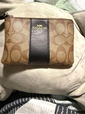 Coach Brown Signature Canvas Wristlet with Dark Brown Stripe